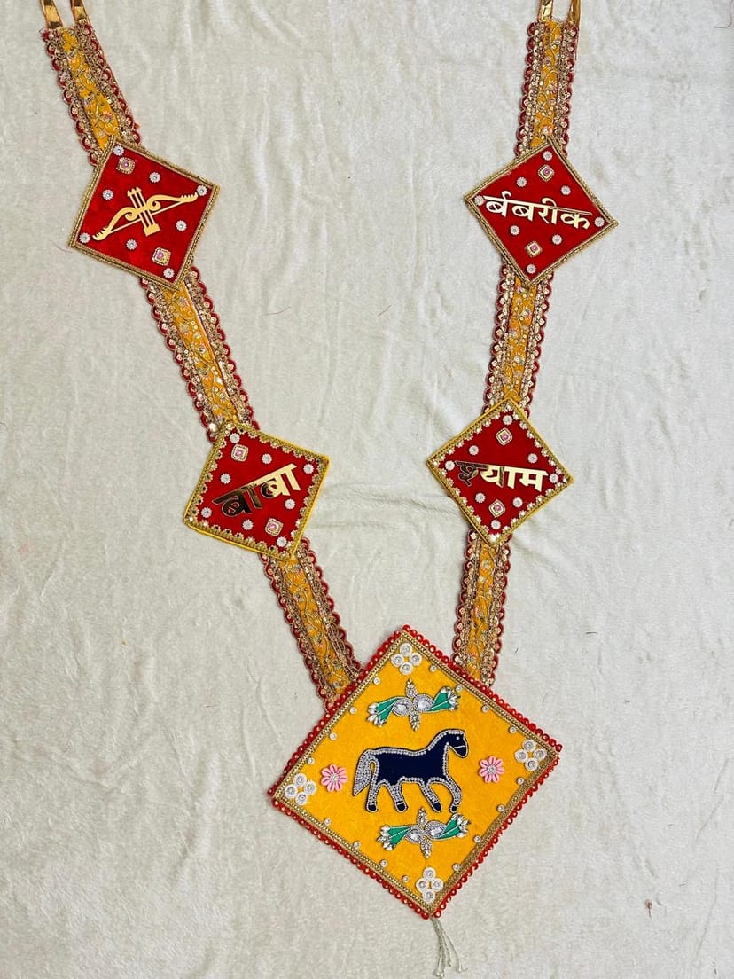 Handcrafted Shyam Baba Red & Yellow Diamond Shringar Haar - Image 1