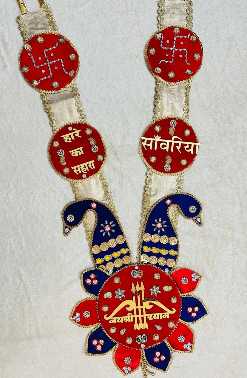 Handcrafted Shyam Baba Cream, Red & Royal Blue Shringar Haar - Image 1