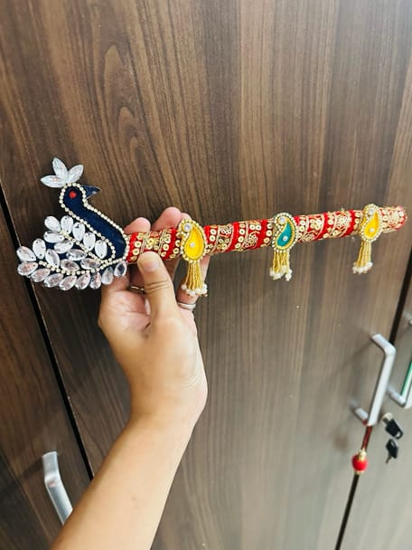Handcrafted Royal Peacock Design Red Velvet Bansuri for Laddu Gopal & Shyam Baba - Image 1