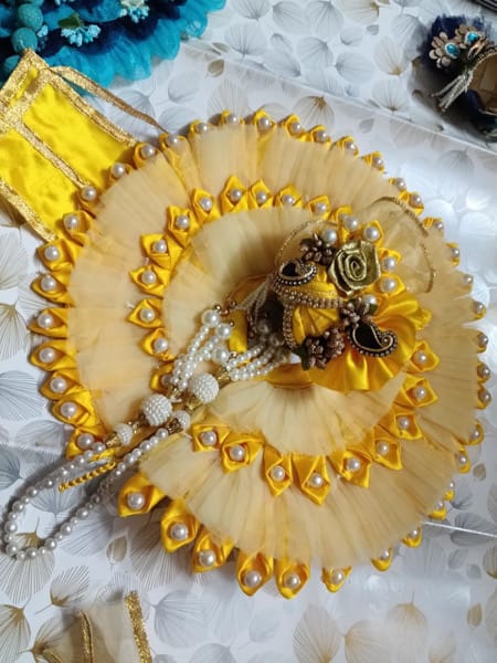 Bright Yellow Pearl & Ribbon Flower Laddu Gopal Poshak Set - Image 1