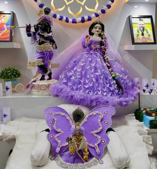 Handcrafted 11-Inch Purple Butterfly Theme Jugal Jodi & Laddu Gopal Poshak Set - Image 1