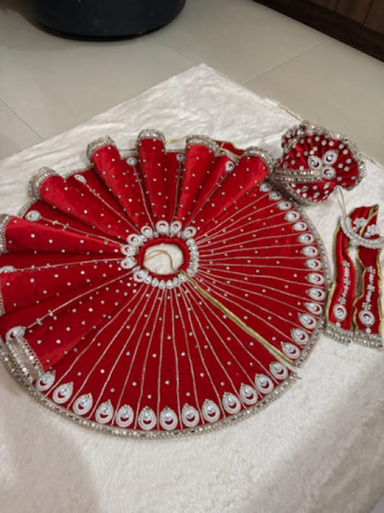 Handcrafted 28-Inch Extra Big Size Red Velvet Deity Poshak Set with Mukut & Matching Set - Image 1