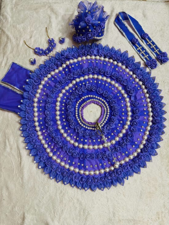Handcrafted 28-Inch Extra Big Size Blue Rose & Pearl Theme Deity Poshak Set with Complete Shringar - Image 1