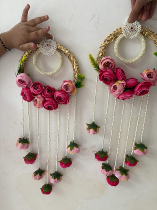 Handcrafted Pink Peony & Pearl Wall Hanging / Toran Set - 2 Pcs - Image 1