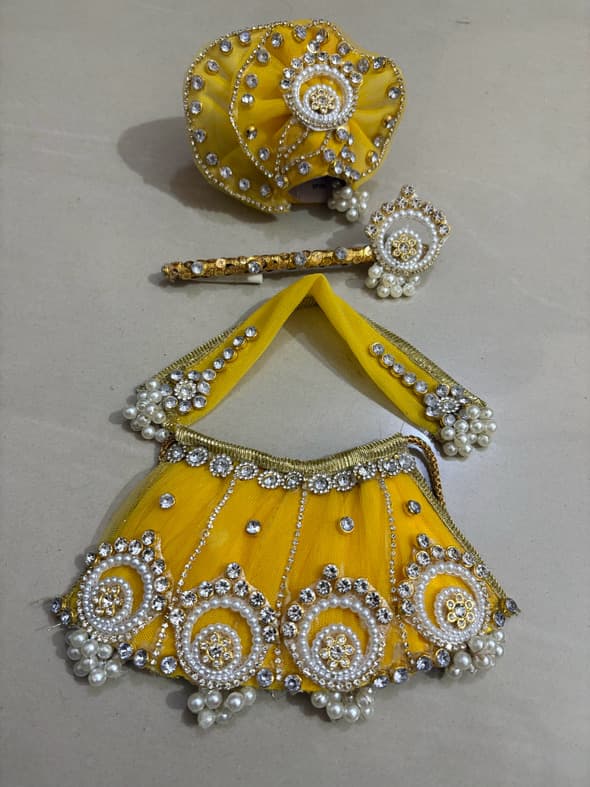Handcrafted 5-6 Inch Bright Yellow Net Shyam Baba Poshak Set with Matching Pagri & Shringar Accessories
