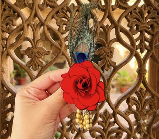 Handcrafted Red Rose & Peacock Feather Deity Brooch / Pagri Pin - Pack of 20 (MOQ)