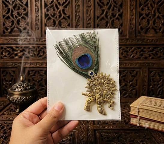 Handcrafted Antique Golden Flute & Peacock Feather Deity Brooch / Pagri Pin - Pack of 20 (MOQ) - Image 1