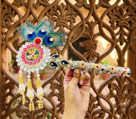 Handcrafted Designer Shringar Bansuri (Flute) with Radha-Krishna Motif & Peacock Feathers - Image 1