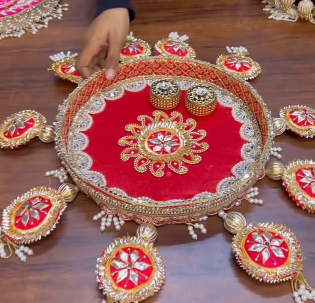 Handcrafted Designer Velvet Pooja Thali (Without Dabbi)