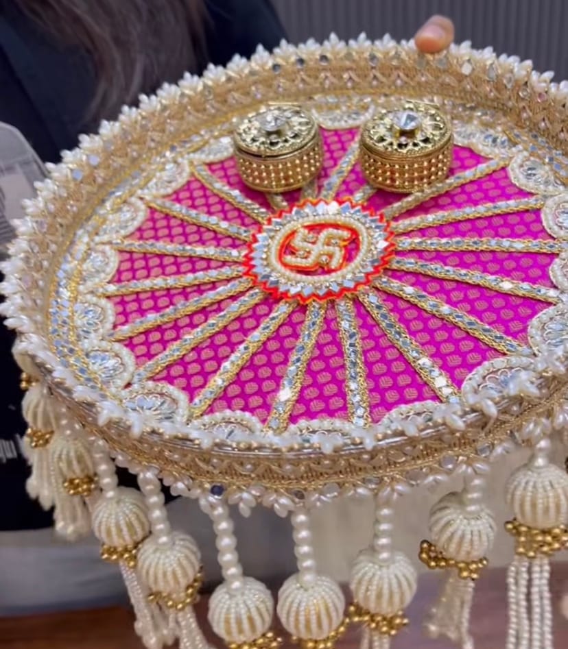 Handcrafted Designer Pink & Gold Pooja Thali (Without Dabbis) - Image 1
