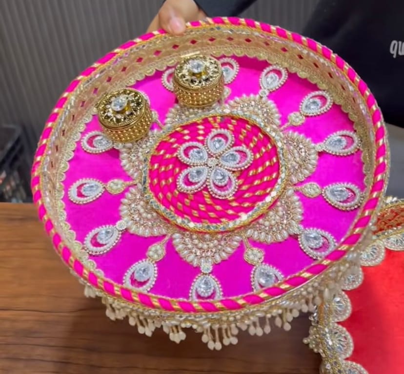 Handcrafted Designer Pink & Gold Floral Pooja Thali (Without Dabbis) - Image 1