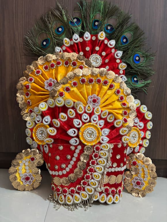 Handcrafted Adjustable Yellow & Red Velvet Shyam Baba Mukut & Kundal Set