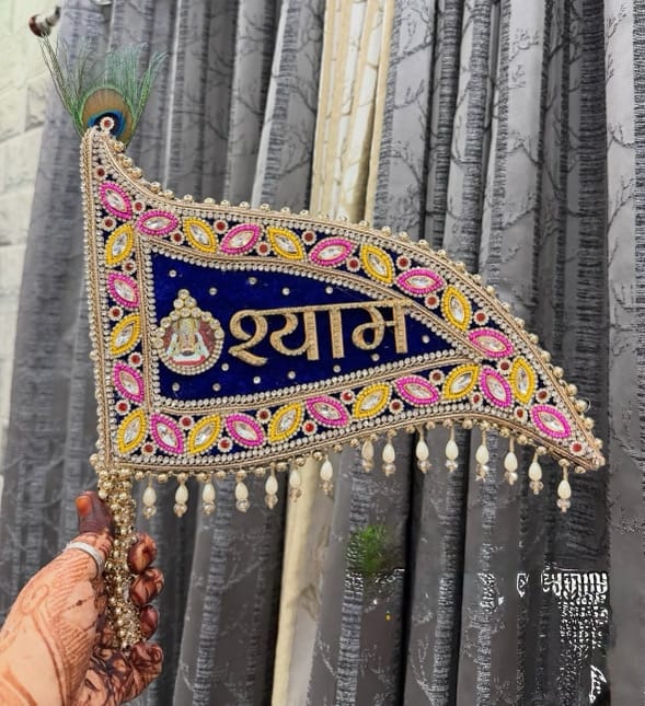 Handcrafted Designer Mini Shyam Nishan / Flag with Peacock Feather & Kundan Work - Image 1