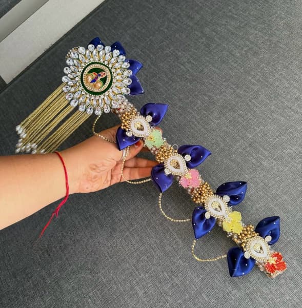 Handcrafted Designer Blue Shringar Bansuri (Flute) with Kundan Floral Motif & Pearl Accents