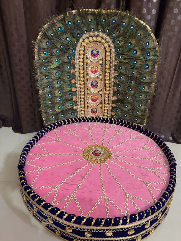 Handcrafted 32-Inch Designer Peacock Feather Singhasan for Large Laddu Gopal Ji / Deity Idols