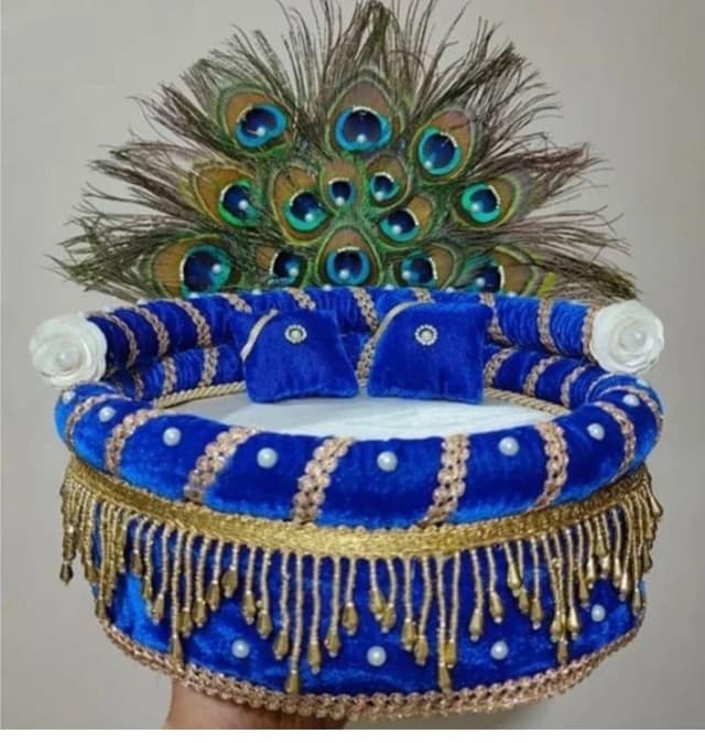 Handcrafted Designer Velvet Singhasan with Peacock Feather Backdrop & Pillows (Fits 4, 5 & 6 Number Laddu Gopal Ji)