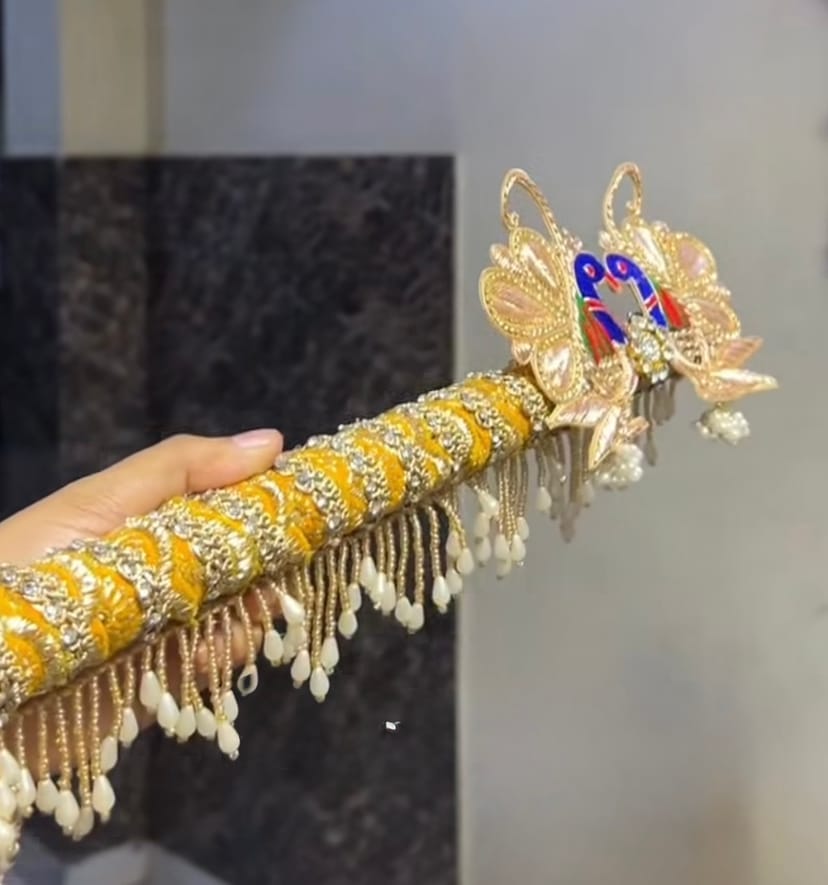 Handcrafted Designer Yellow Shringar Bansuri (Flute) with Peacock Motifs & Pearl Latkans - Image 1